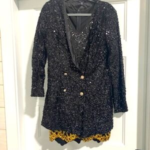 Gold and black sequin dress (L) with black sequin jacket (XL)